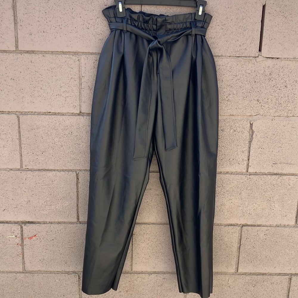 Aqua Black Ankle Cropped Pants with Paper Bag Waist and Tapered Legs